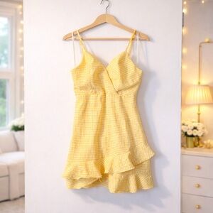Altar'd State Yellow Gingham Ruffle Mini Dress - Spaghetti Strap